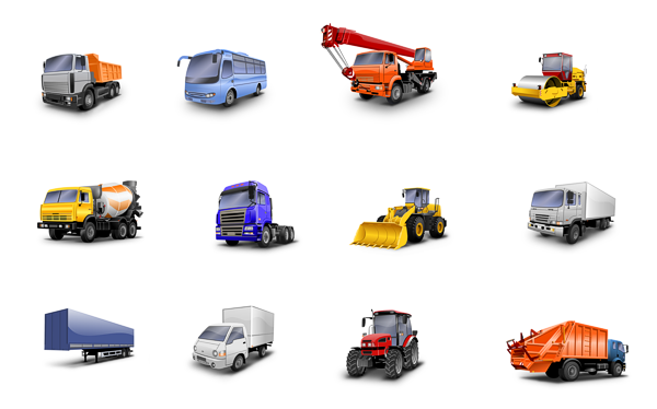 Website truck icons (bus, dumper, concrete mixer)