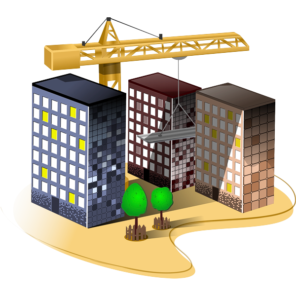 Costruction - vector illustration (houses, crane, block of flats, building)