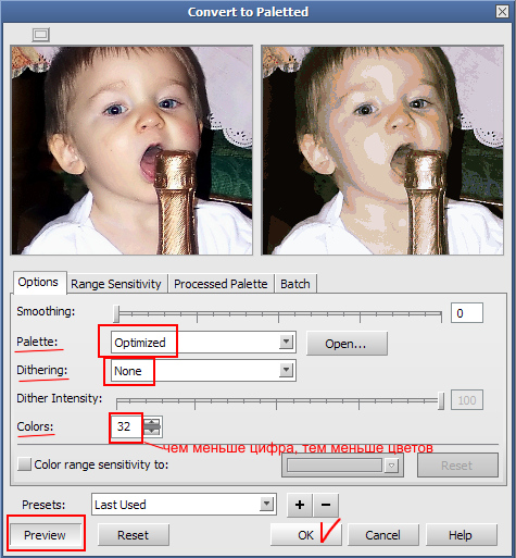 рис. 2.2 Меню настроек Convert to Paletted